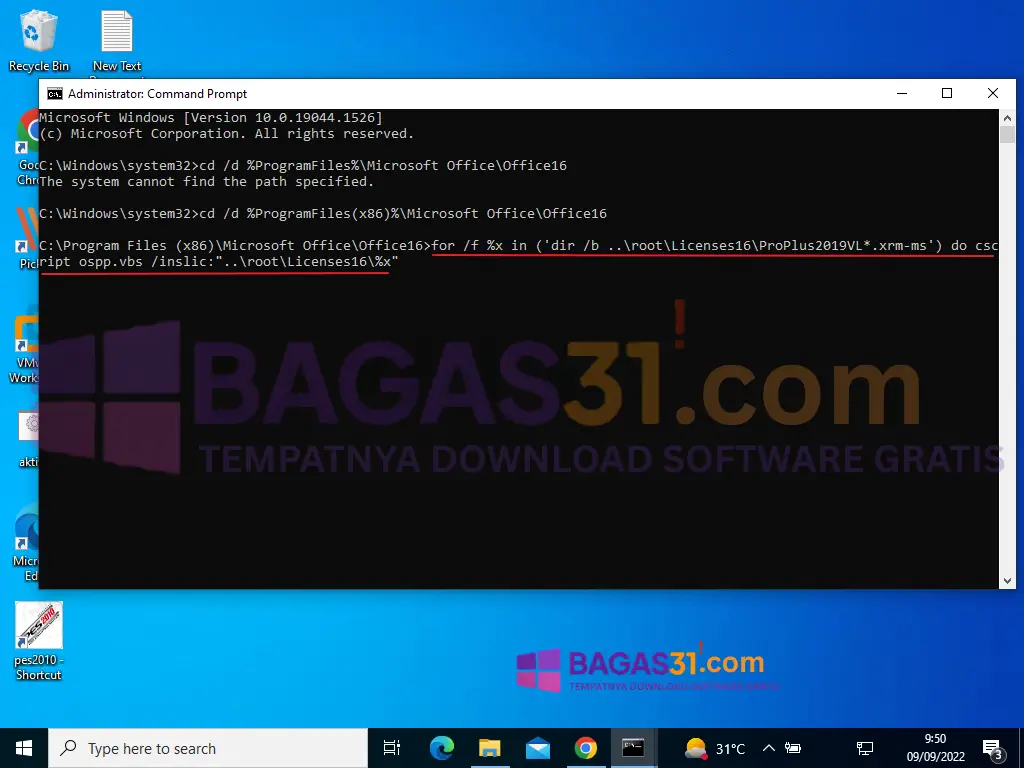 Eksekusi script penginstalan lisensi ospp.vbs pada jendela CMD