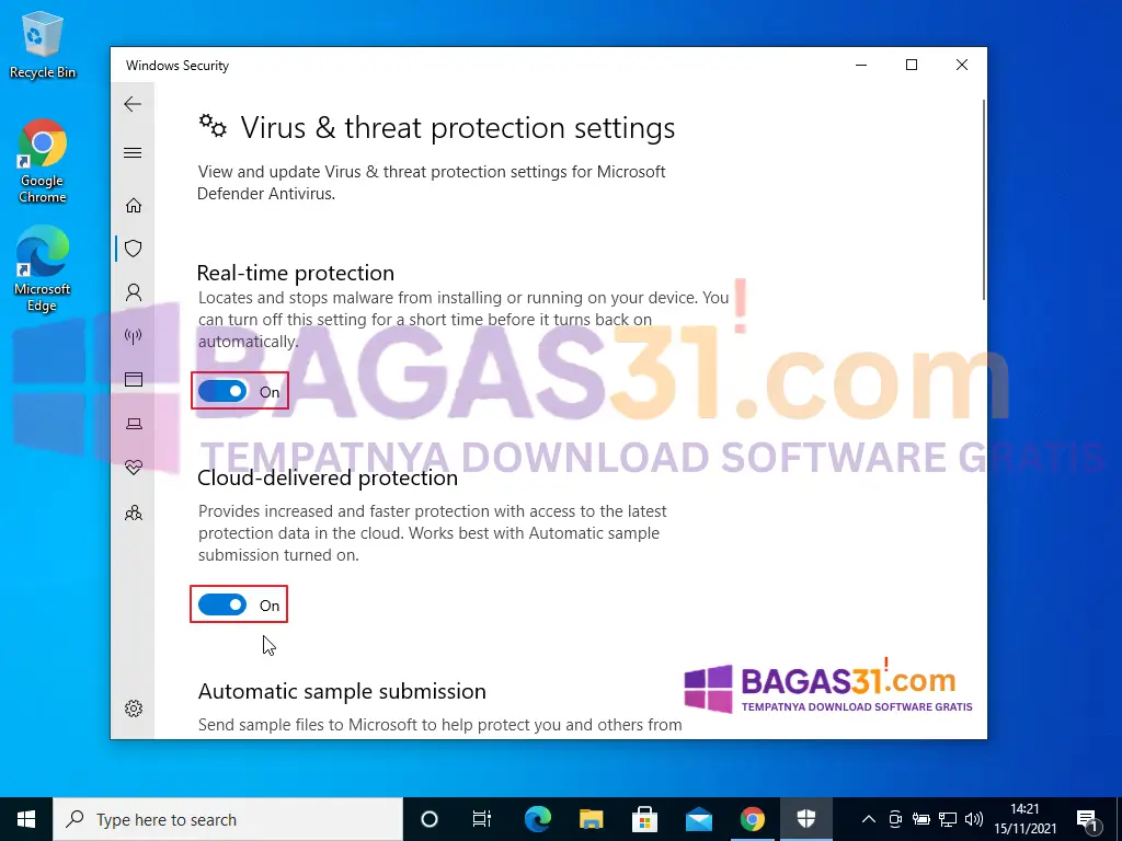 Menyoroti opsi On pada Real-time protection di Windows Security