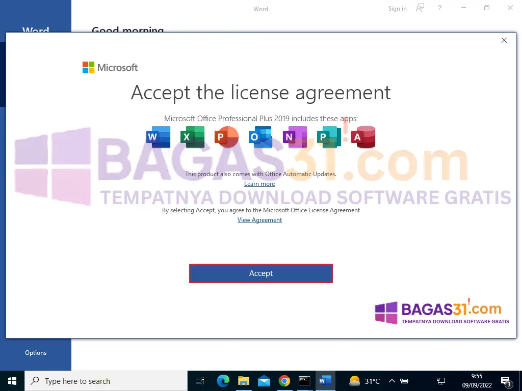 Menyoroti tombol Accept pada lisensi persetujuan Microsoft Office Professional Plus 2019